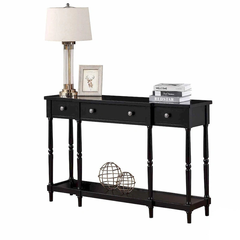 Stolik konsolowy z 3 szufladami, dolną półką i okrągłymi gałkami