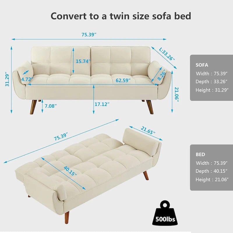 75-calowa rozkładana sofa futon z dzielonym oparciem z możliwością odchylania i uchwytami na kubki