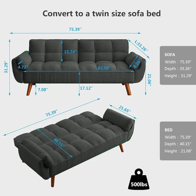75-calowa rozkładana sofa futon z dzielonym oparciem z możliwością odchylania i uchwytami na kubki