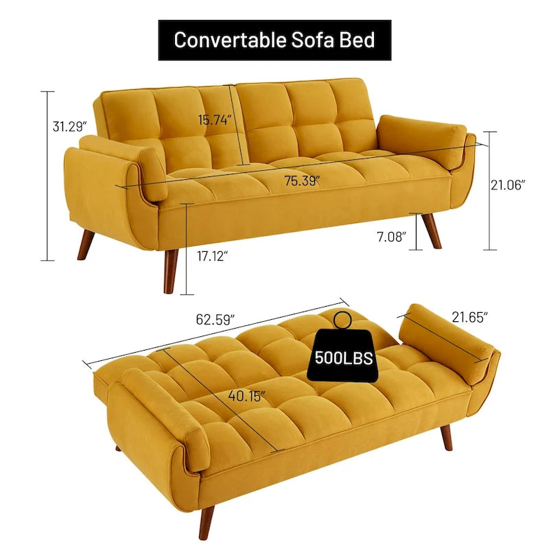 75-calowa rozkładana sofa futon z dzielonym oparciem z możliwością odchylania i uchwytami na kubki