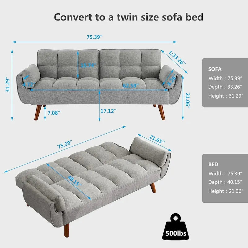 75-calowa rozkładana sofa futon z dzielonym oparciem z możliwością odchylania i uchwytami na kubki