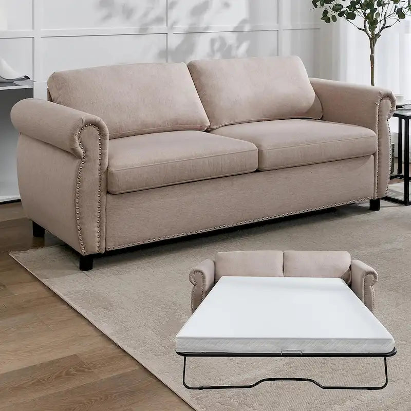 Rozkładana sofa 2w1 dla dwojga z materacem i wykończeniem z gwoździ tapicerskich
