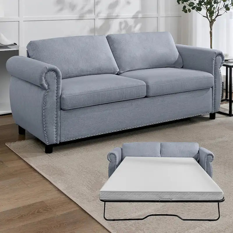 Rozkładana sofa 2w1 dla dwojga z materacem i wykończeniem z gwoździ tapicerskich
