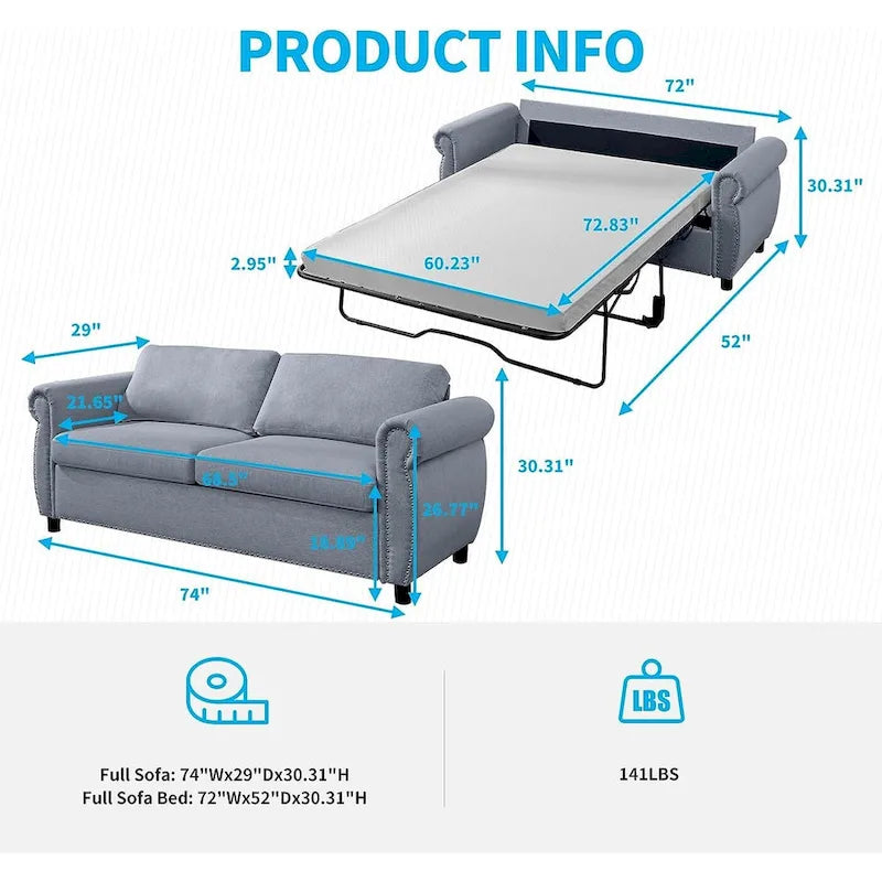 Rozkładana sofa 2w1 dla dwojga z materacem i wykończeniem z gwoździ tapicerskich