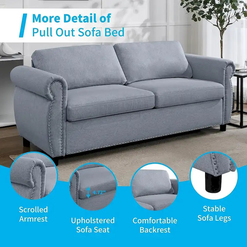 Rozkładana sofa 2w1 dla dwojga z materacem i wykończeniem z gwoździ tapicerskich