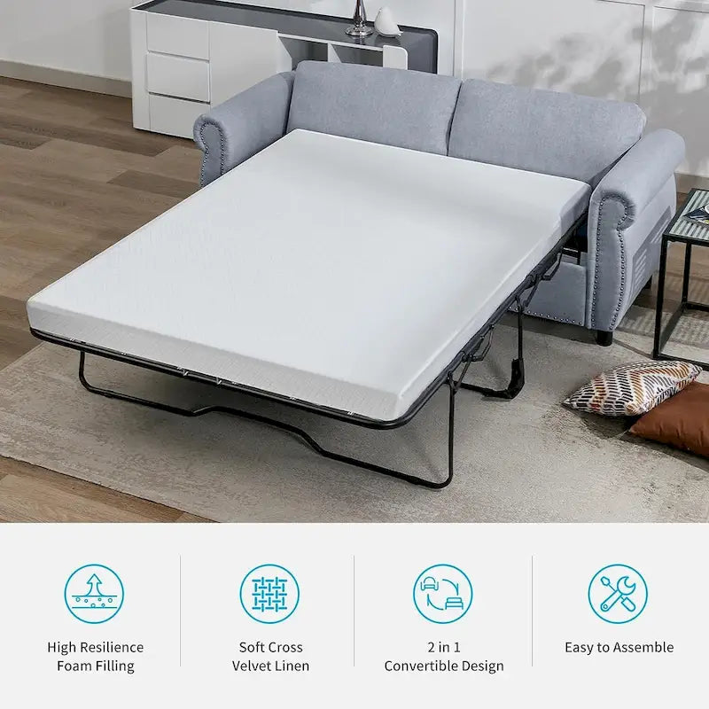 Rozkładana sofa 2w1 dla dwojga z materacem i wykończeniem z gwoździ tapicerskich
