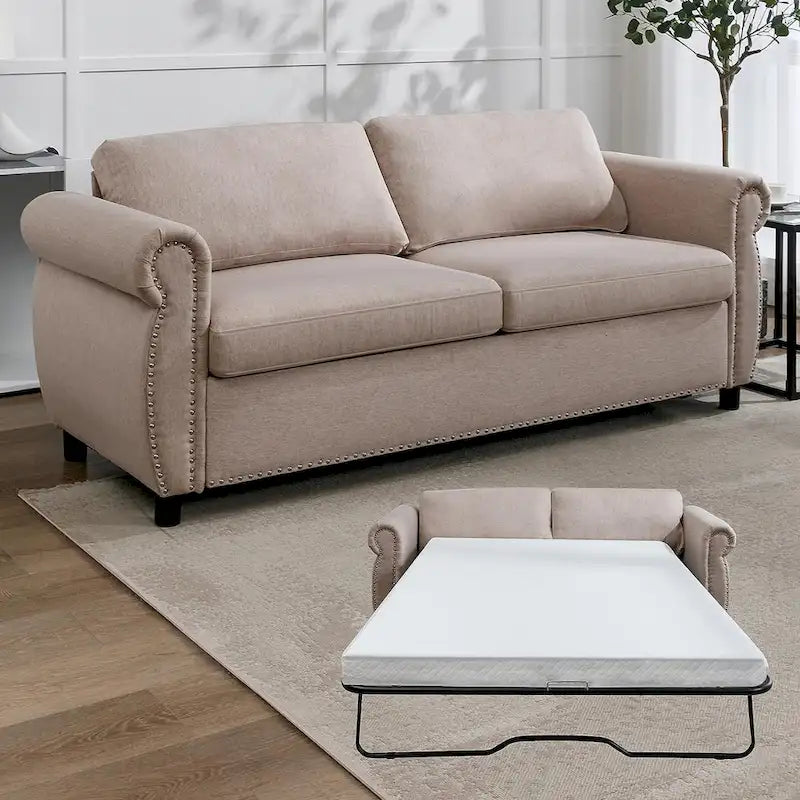 Rozkładana sofa 2w1 dla dwojga z materacem i wykończeniem z gwoździ tapicerskich
