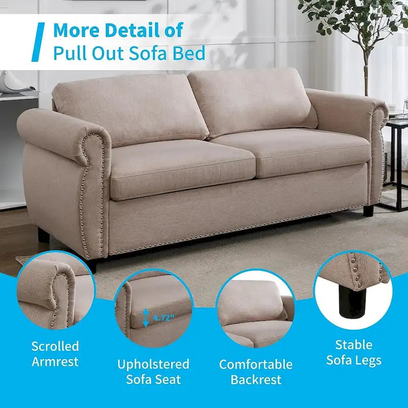 Rozkładana sofa 2w1 dla dwojga z materacem i wykończeniem z gwoździ tapicerskich