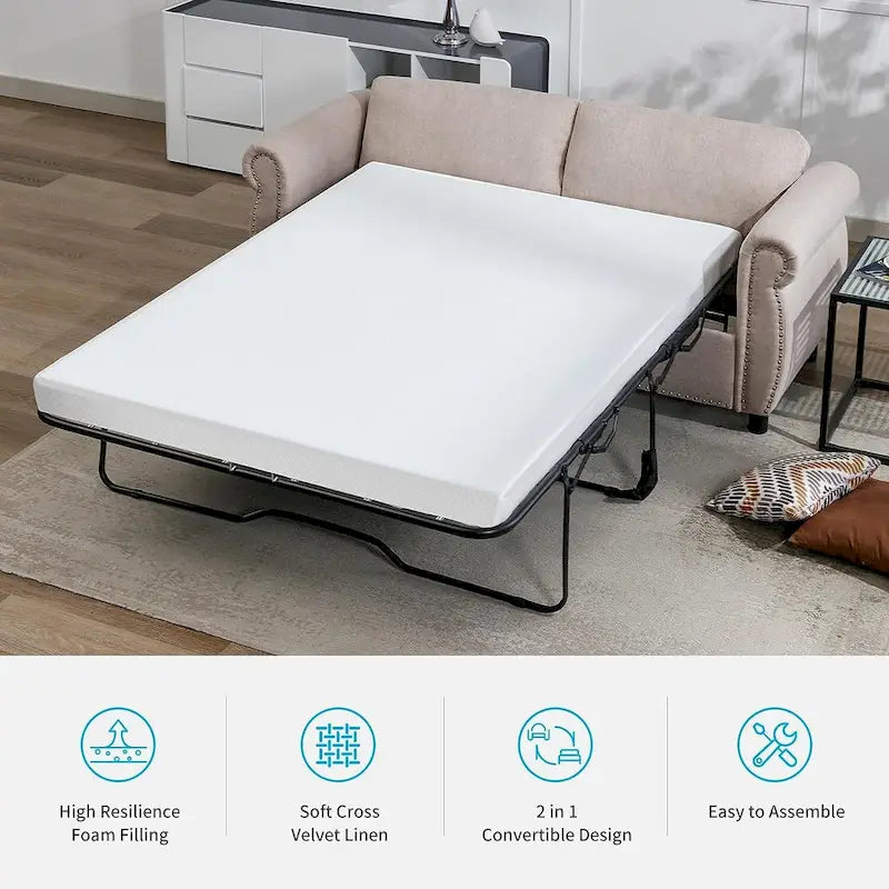 Rozkładana sofa 2w1 dla dwojga z materacem i wykończeniem z gwoździ tapicerskich