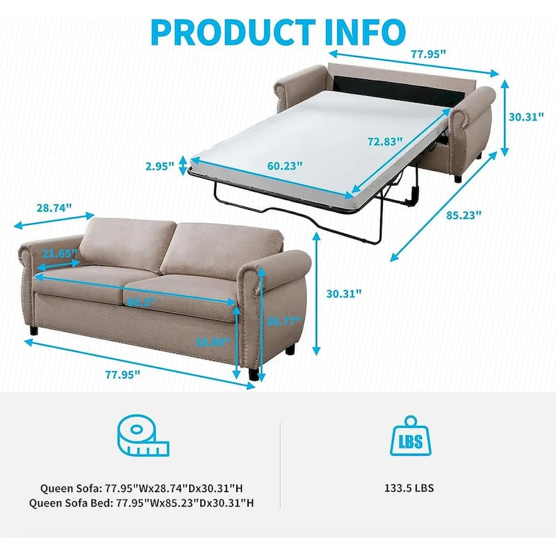 Rozkładana sofa 2w1 dla dwojga z materacem i wykończeniem z gwoździ tapicerskich
