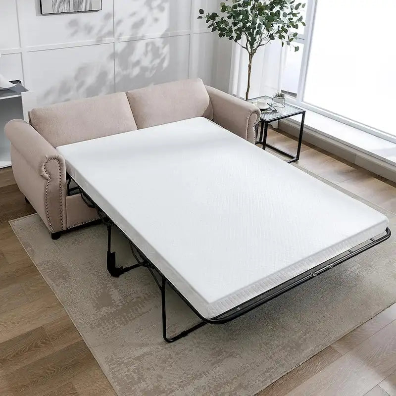 Rozkładana sofa 2w1 dla dwojga z materacem i wykończeniem z gwoździ tapicerskich