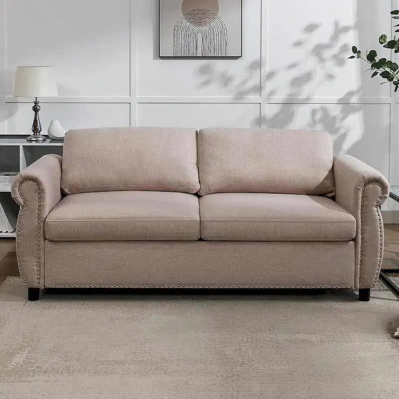 Rozkładana sofa 2w1 dla dwojga z materacem i wykończeniem z gwoździ tapicerskich