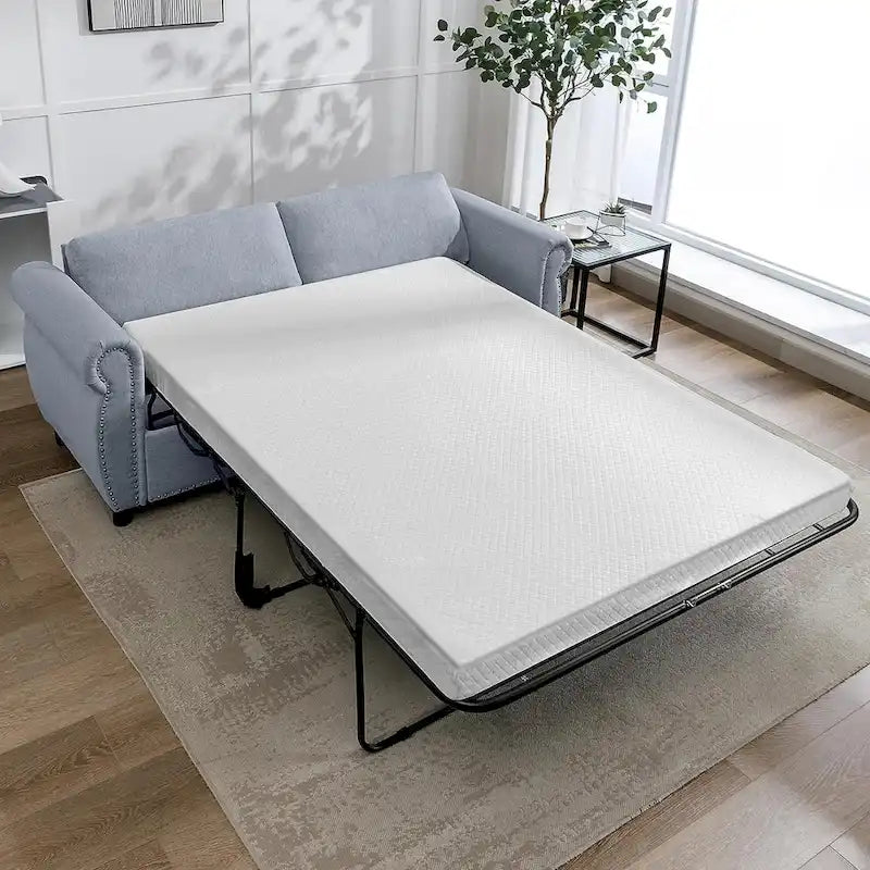 Rozkładana sofa 2w1 dla dwojga z materacem i wykończeniem z gwoździ tapicerskich