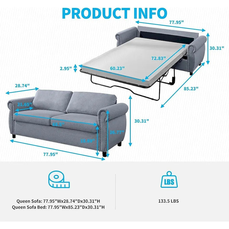 Rozkładana sofa 2w1 dla dwojga z materacem i wykończeniem z gwoździ tapicerskich