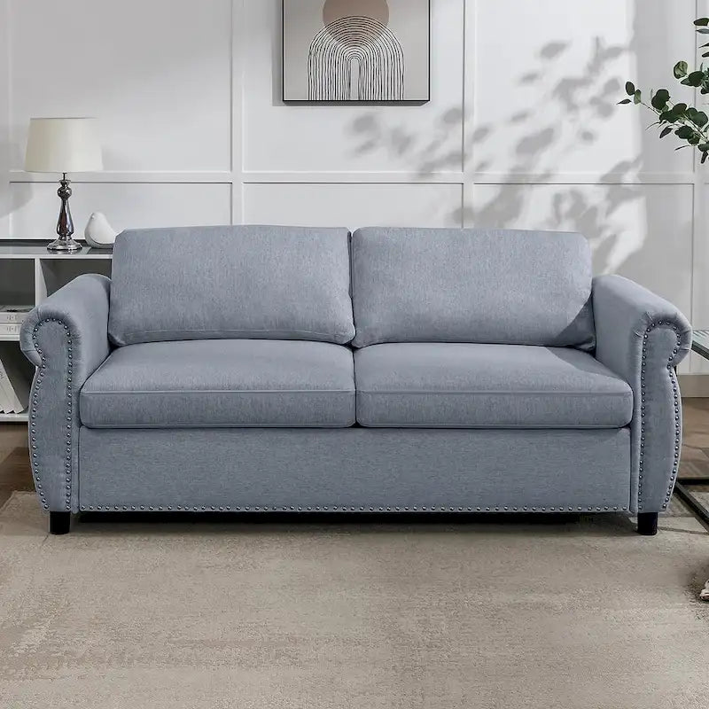 Rozkładana sofa 2w1 dla dwojga z materacem i wykończeniem z gwoździ tapicerskich