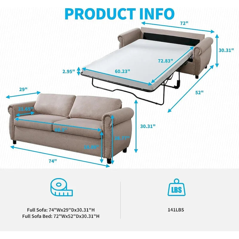 Rozkładana sofa 2w1 dla dwojga z materacem i wykończeniem z gwoździ tapicerskich
