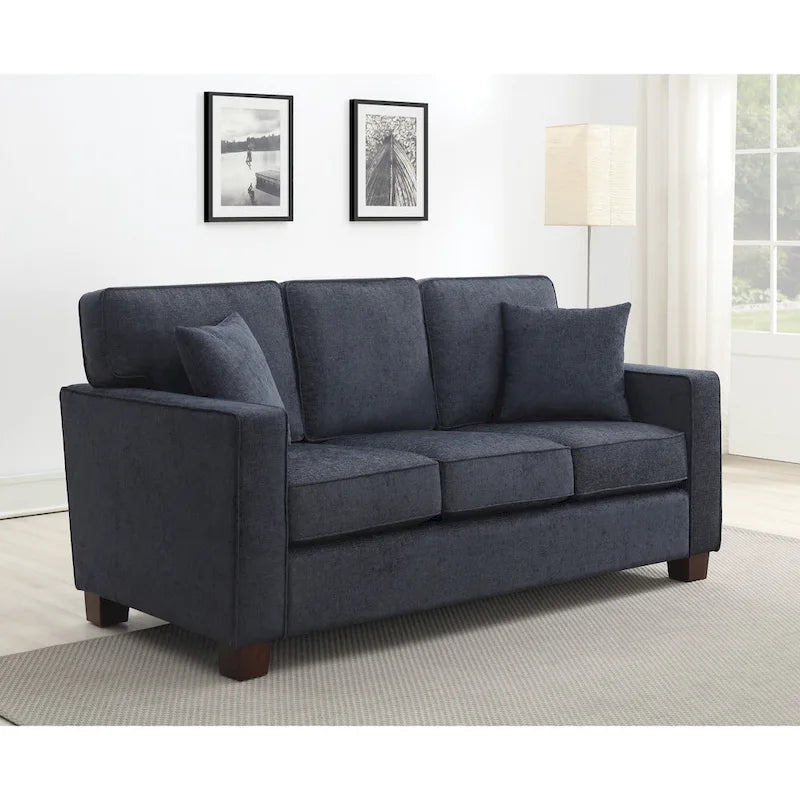 Nowoczesna sofa trzyosobowa ze sprężynowymi poduchami i poduszkami dekoracyjnymi
