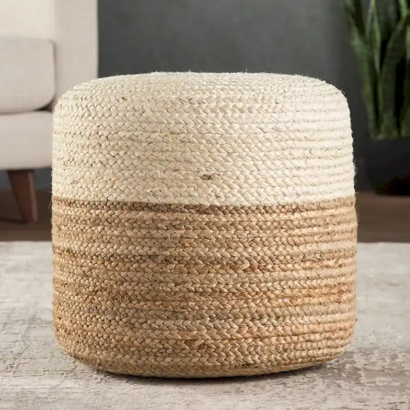 Okrągła Pufa Otomana Juta Pleciona Ombre, Styl Boho Nadmorski