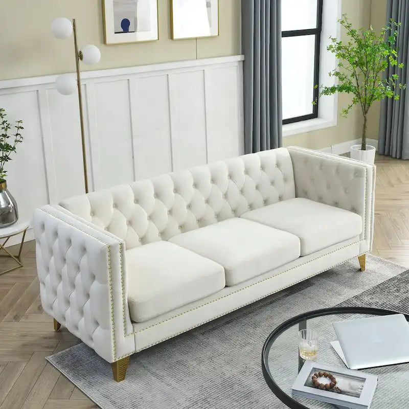 3-osobowa sofa welurowa z pikowaniem i nitami tapicerskimi
