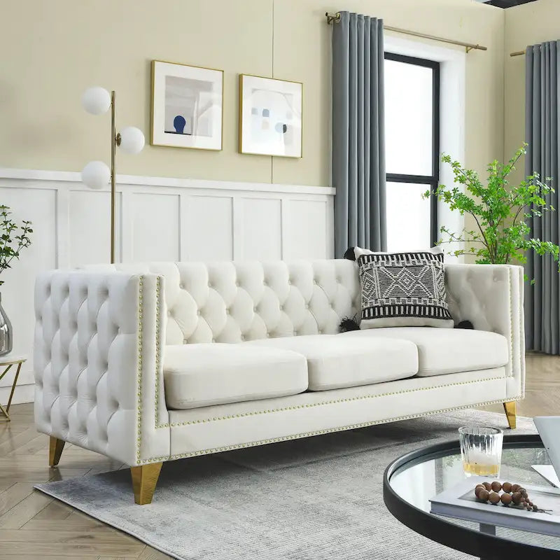 3-osobowa sofa welurowa z pikowaniem i nitami tapicerskimi