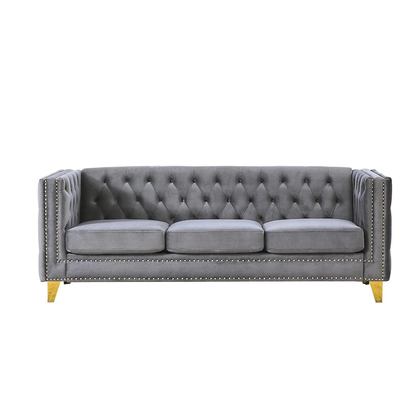 3-osobowa sofa welurowa z pikowaniem i nitami tapicerskimi