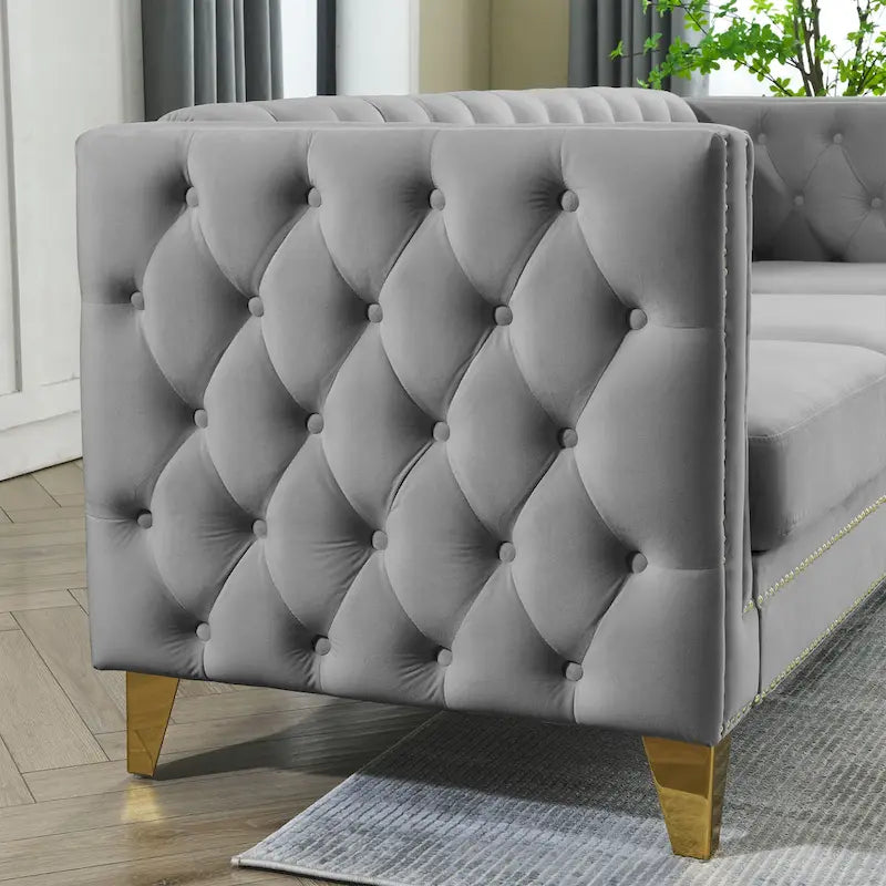 3-osobowa sofa welurowa z pikowaniem i nitami tapicerskimi