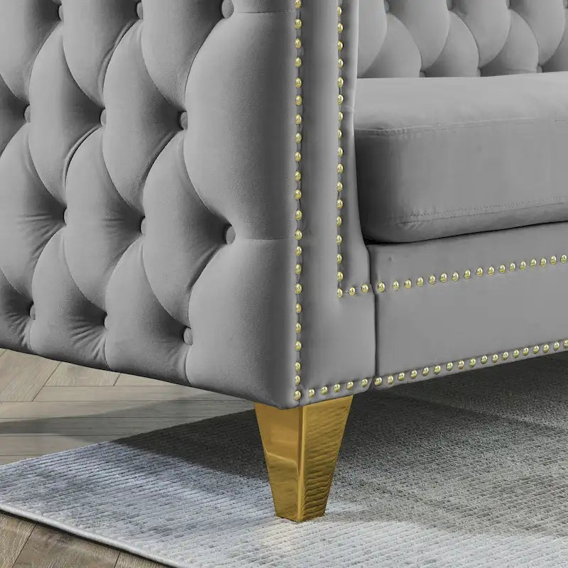 3-osobowa sofa welurowa z pikowaniem i nitami tapicerskimi