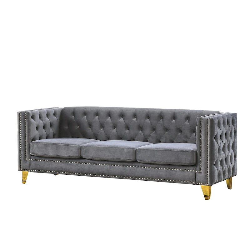 3-osobowa sofa welurowa z pikowaniem i nitami tapicerskimi