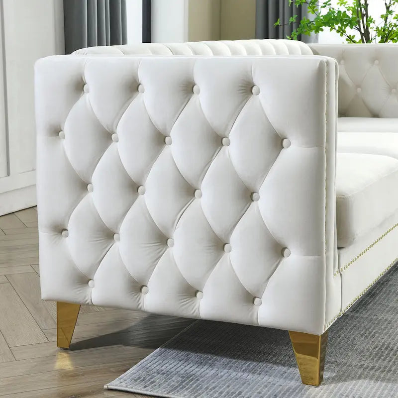 3-osobowa sofa welurowa z pikowaniem i nitami tapicerskimi