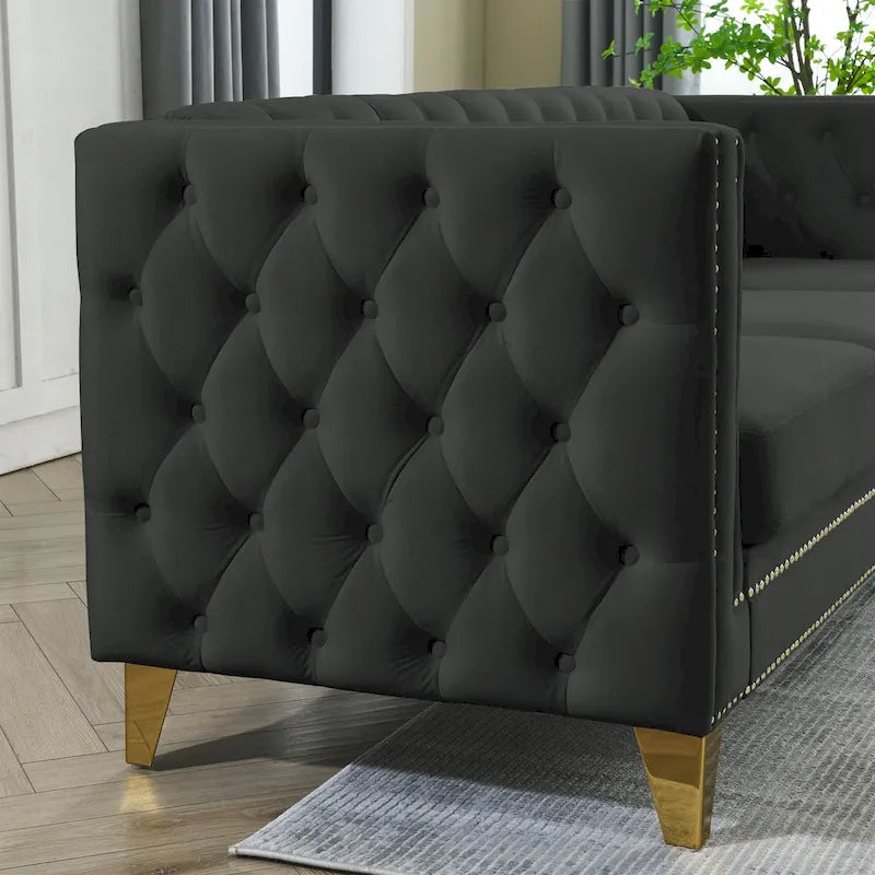 3-osobowa sofa welurowa z pikowaniem i nitami tapicerskimi