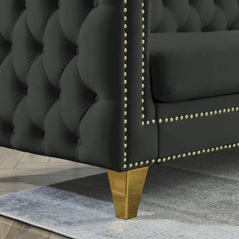 3-osobowa sofa welurowa z pikowaniem i nitami tapicerskimi