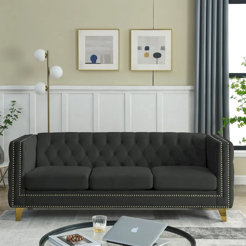 3-osobowa sofa welurowa z pikowaniem i nitami tapicerskimi