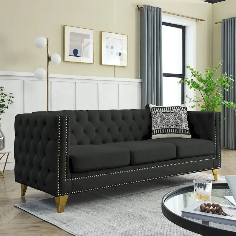 3-osobowa sofa welurowa z pikowaniem i nitami tapicerskimi
