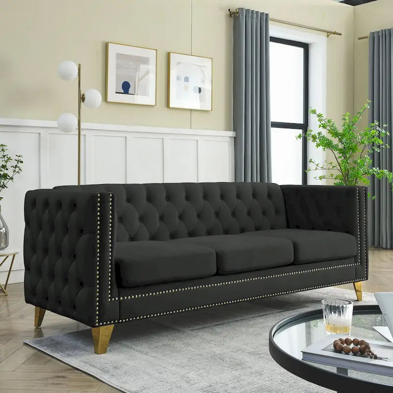 3-osobowa sofa welurowa z pikowaniem i nitami tapicerskimi