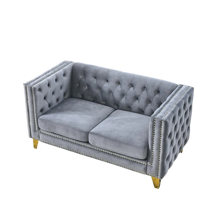 3-osobowa sofa welurowa z pikowaniem i nitami tapicerskimi
