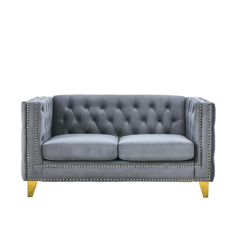 3-osobowa sofa welurowa z pikowaniem i nitami tapicerskimi