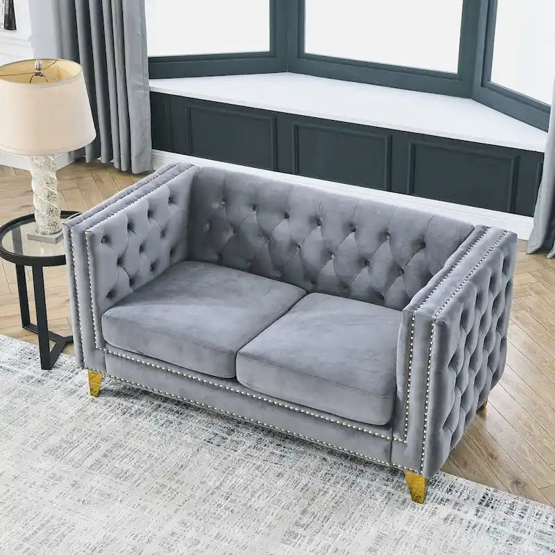 3-osobowa sofa welurowa z pikowaniem i nitami tapicerskimi