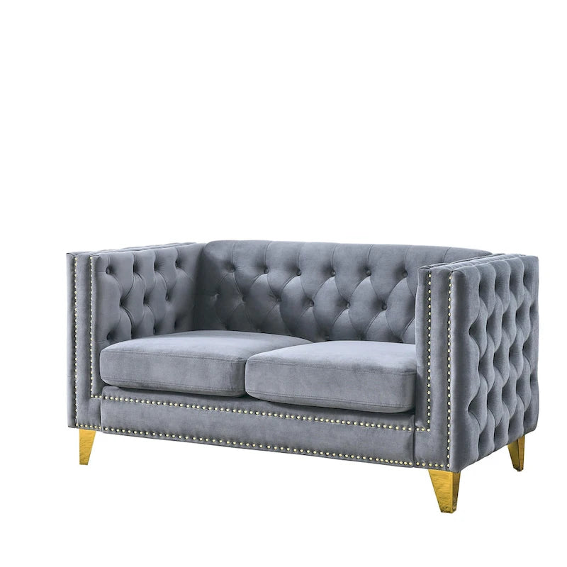 3-osobowa sofa welurowa z pikowaniem i nitami tapicerskimi
